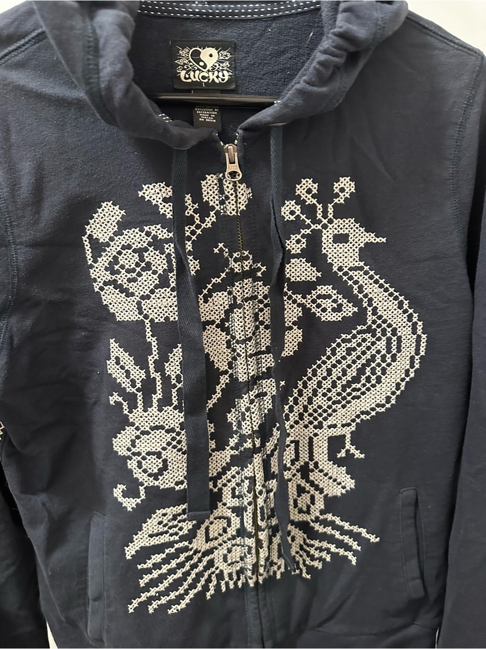 Lucky Brand Black Zip-Up Hoodie with Cream Embroidered Peacock y2k navy